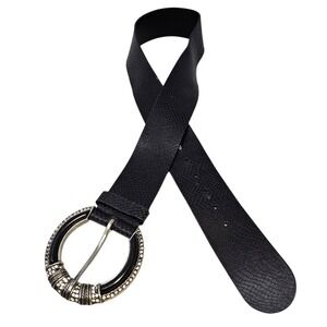 Chicos M Black Leather Wide Belt Rhinestone Boho Textured Classic Career